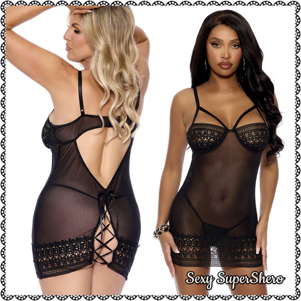 🆕🖤"Mari Crochet & Mesh Lace Underwire Demi Babydoll Lingerie Set